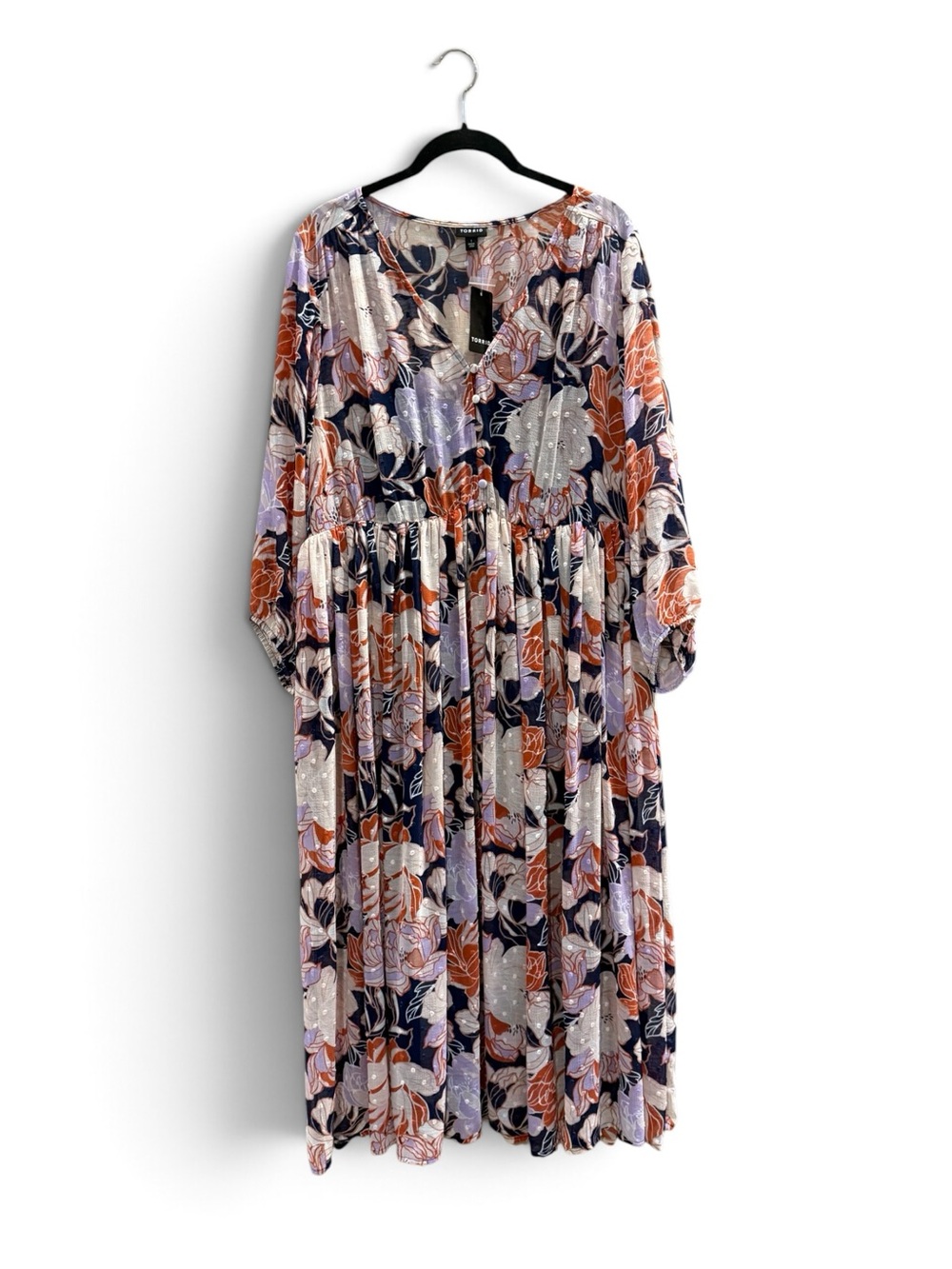 Torrid Floral V-Neck Midi Dress in Navy, Rust & Lilac